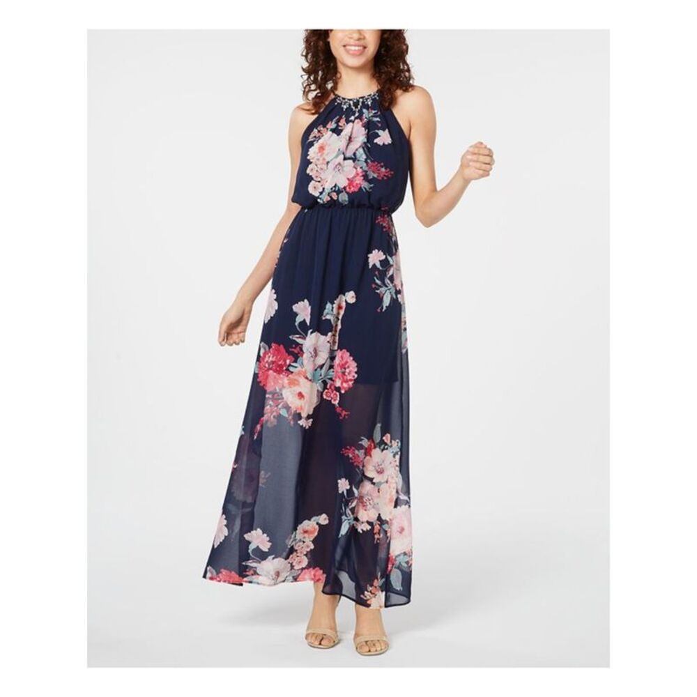 CRYSTAL DOLLS Womens Maxi Dress Navy Sleeveless Lined Back-Juniors S